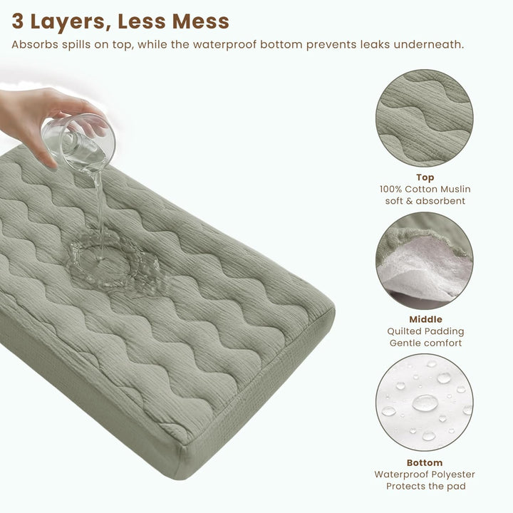 Konssy Waterproof Muslin Changing Pad Cover 2 Pack, 100% Cotton Quilted Diaper Changing Table Sheets, Soft Breathable Boho Nursery Bedding for Baby, Silent & Absorbent Standard Fit