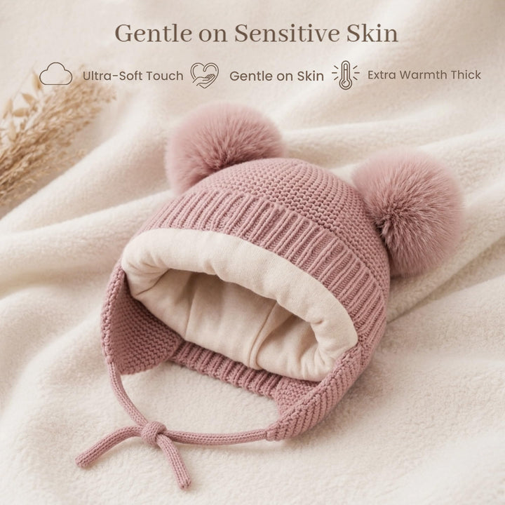 Konssy 2 Pack Baby Beanie Hat with Ear Flaps, Newborn Winter Hat 0-6 Months - Red Apricot, Light Apricot - image 2