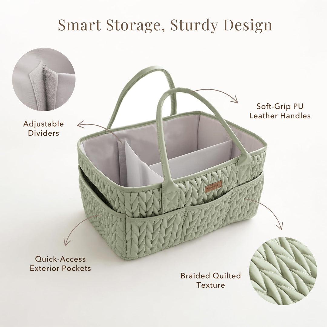 Konssy Baby Diaper Caddy Organizer, Braided Quilted Design with PU Handles - Braided Sage - image 5