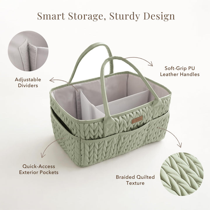 Konssy Baby Diaper Caddy Organizer, Braided Quilted Design with PU Handles - Braided Sage - image 5