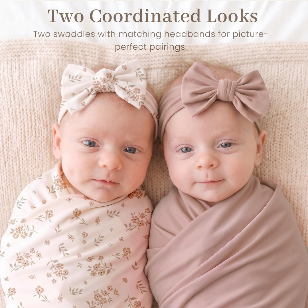 Konssy 2-Pack Stretchy Swaddle Blankets, Baby Receiving Blankets, 41"x41" - Taupe, Blossom - image 4