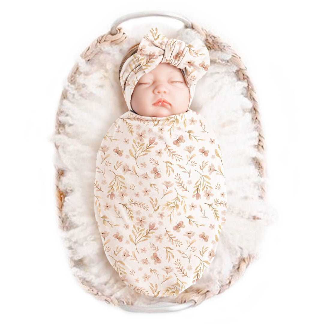 Konssy Baby Blanket & Headband Set, 32 x 32 Inch Swaddle Receiving Blanket - Pink Spring - image 1