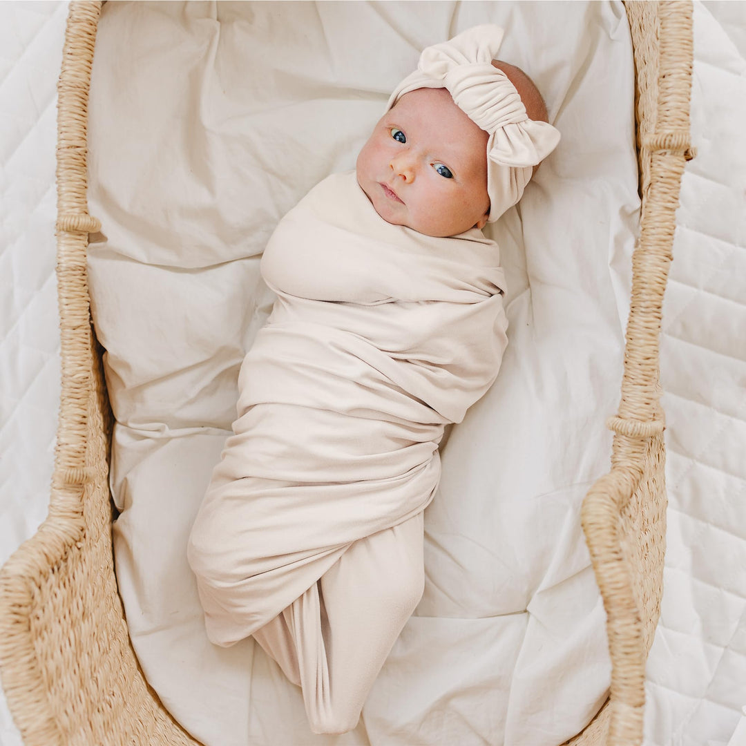Konssy Newborn Swaddle Blanket with Beanie Hat Set, Baby Receiving Blanket - Beige - image 3