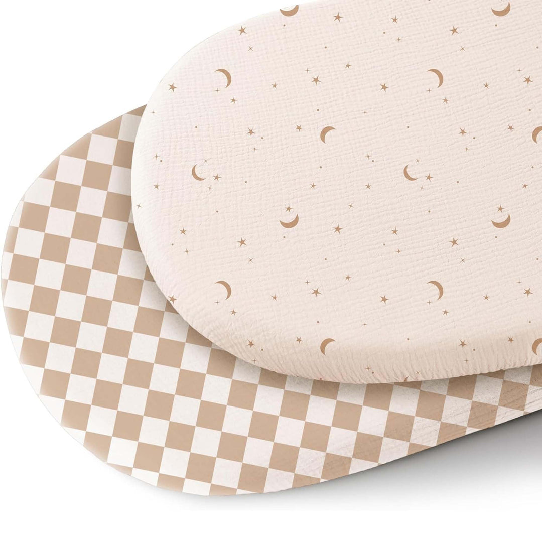 Konssy 2 Pack Muslin Bassinet Sheets for Baby Girls Boys, 32"x16" - Coffee Check,Moon - image 1