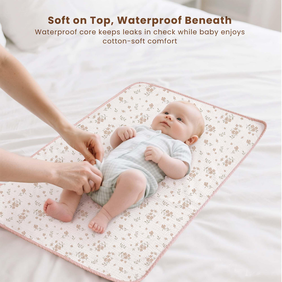 Konssy 2 Pack Waterproof Muslin Portable Changing Pad, Diaper Changing Mat - Pink,Blossom - image 3