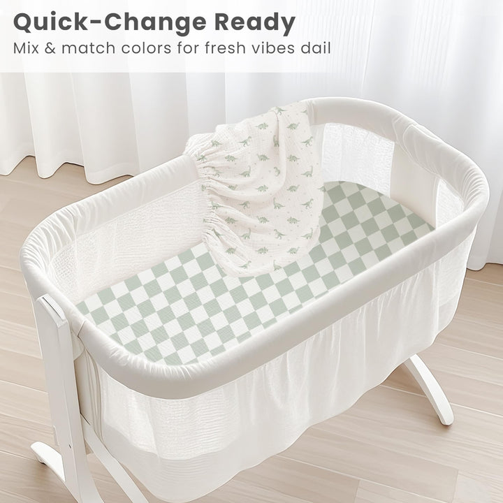 Konssy 2 Pack Muslin Bassinet Sheets for Baby Girls Boys, 33"x21" - Green Dino,Green Plaid - image 5
