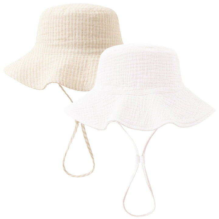 Konssy 2-Pack Muslin Baby Girl Sun Hats with Wide Brim, UPF 50+, 0-6& 6-12M - Apricot Stripe-white - image 1