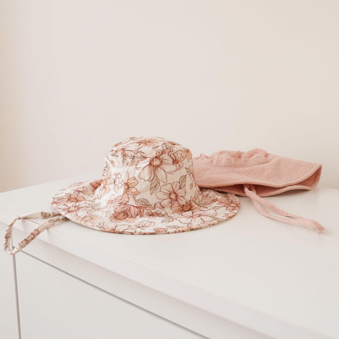 Konssy 2-Pack Muslin Baby Girl Sun Hats with Wide Brim, UPF 50+, 0-6& 6-12M - Vintage Petals-pink - image 4