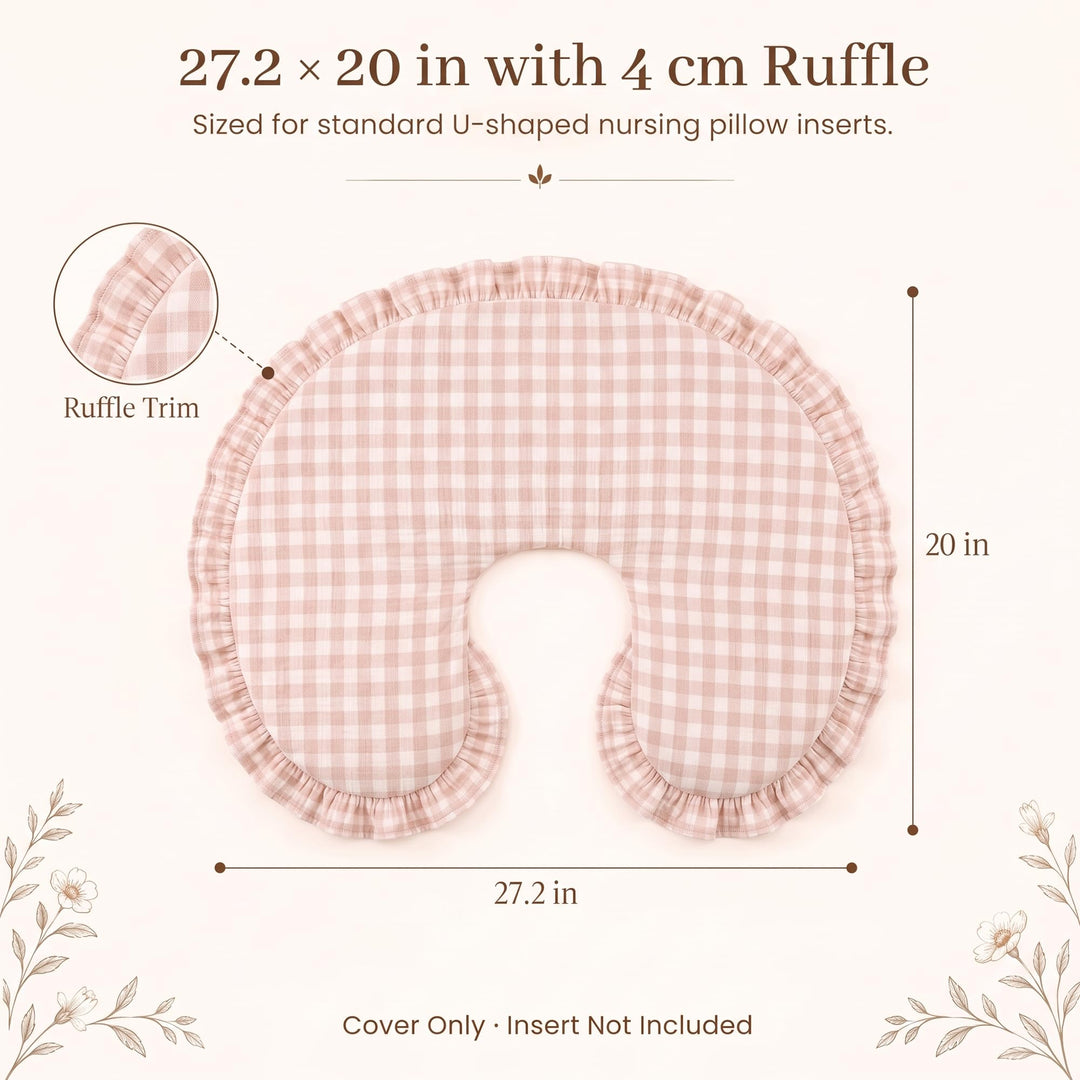 Konssy 100% Muslin Cotton Soft Nursing Pillow Cover with Ruffle Trim - Pink Check - image 3