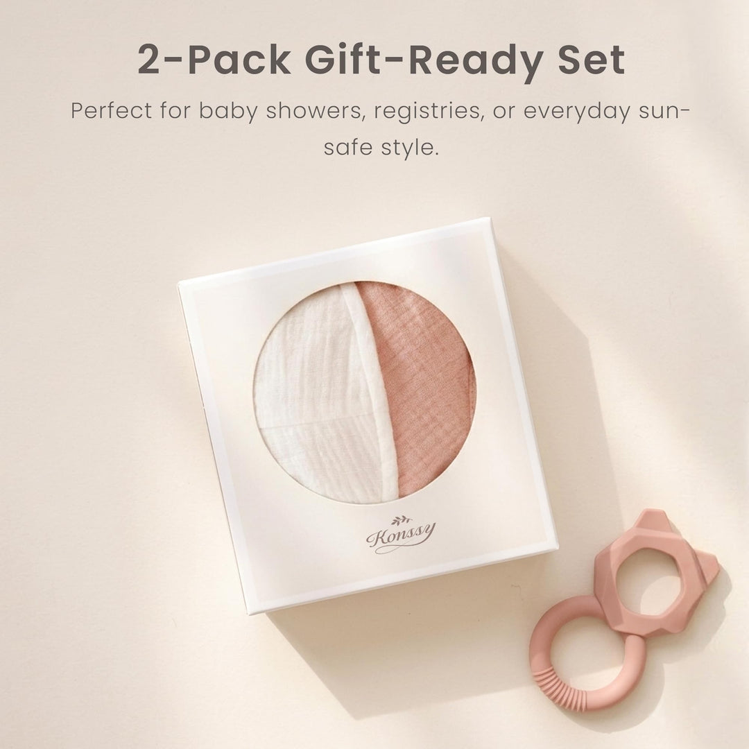Konssy 2-Pack Muslin Baby Sun Hats for Girls with Bows, UPF 50+ - White Pink - image 8