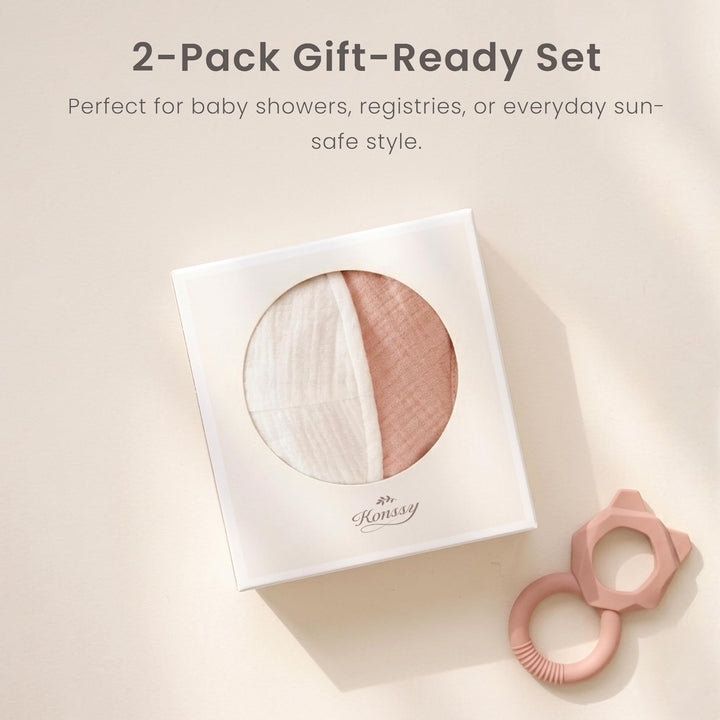 Konssy 2-Pack Muslin Baby Sun Hats for Girls with Bows, UPF 50+ - White Pink - image 8