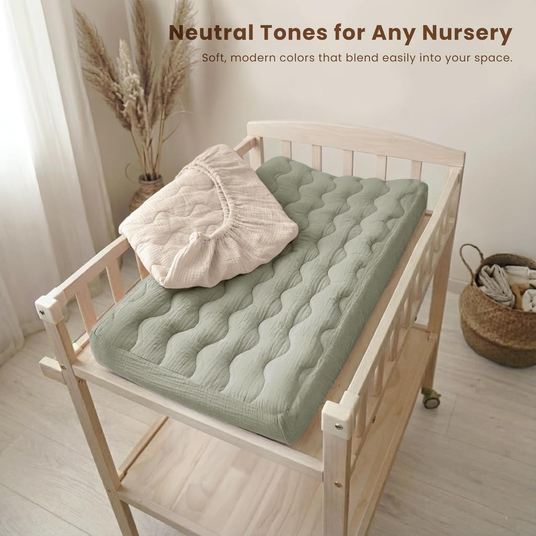 Konssy Waterproof Muslin Changing Pad Cover 2 Pack, 100% Cotton Quilted Diaper Changing Table Sheets, Soft Breathable Boho Nursery Bedding for Baby, Silent & Absorbent Standard Fit