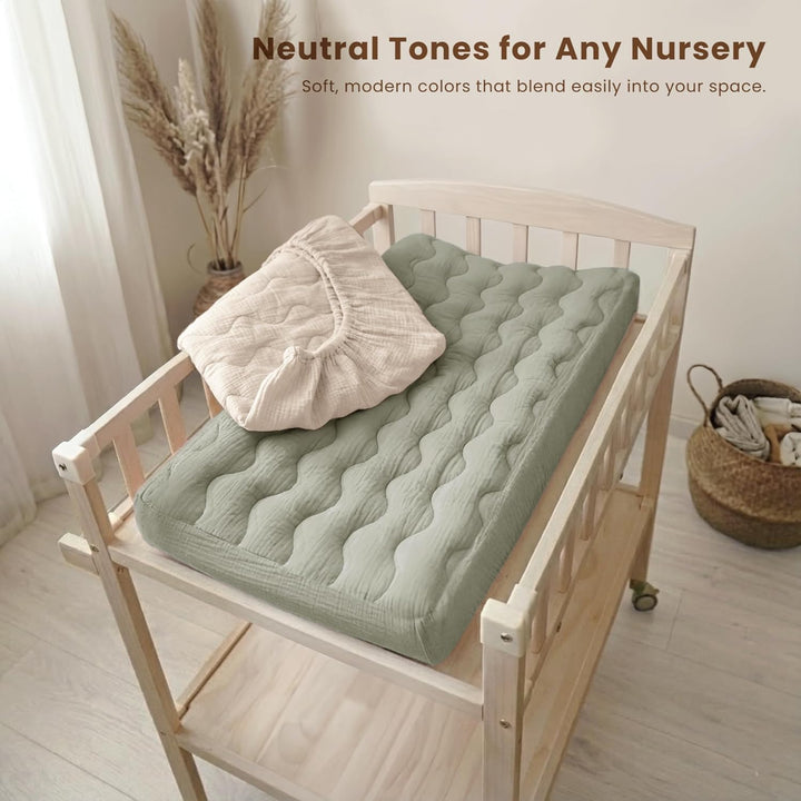 Konssy Waterproof Muslin Changing Pad Cover 2 Pack, 100% Cotton Quilted Diaper Changing Table Sheets, Soft Breathable Boho Nursery Bedding for Baby, Silent & Absorbent Standard Fit