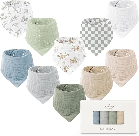 Konssy 10 Pack Baby Muslin Bandana Bibs for Drooling and Teething 100% Cotton, 6-Layer Bibs, Pre-Washed Soft & Absorbent, Adjustable Neck Fit, Boys & Girls 0-36M