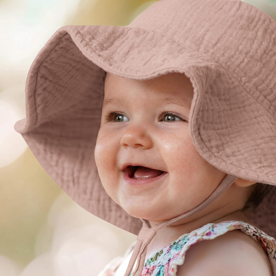 Konssy 2-Pack Muslin Baby Girl Sun Hats with Wide Brim, UPF 50+, 0-6& 6-12M - Soft Blooms-taupe - image 6