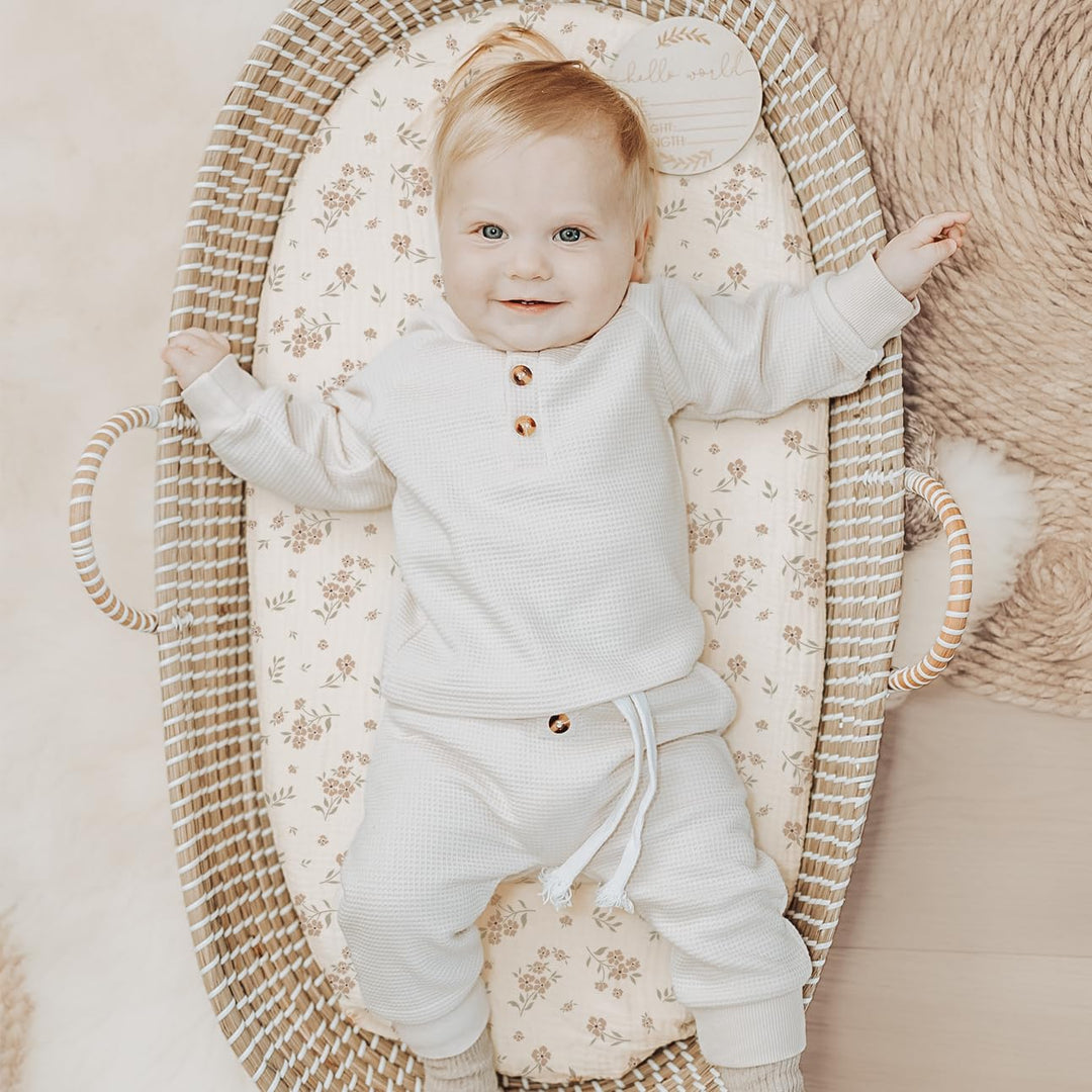 Konssy 2 Pack Muslin Bassinet Sheets for Baby Girls Boys, 32"x16" - Blossom,Cream - image 2