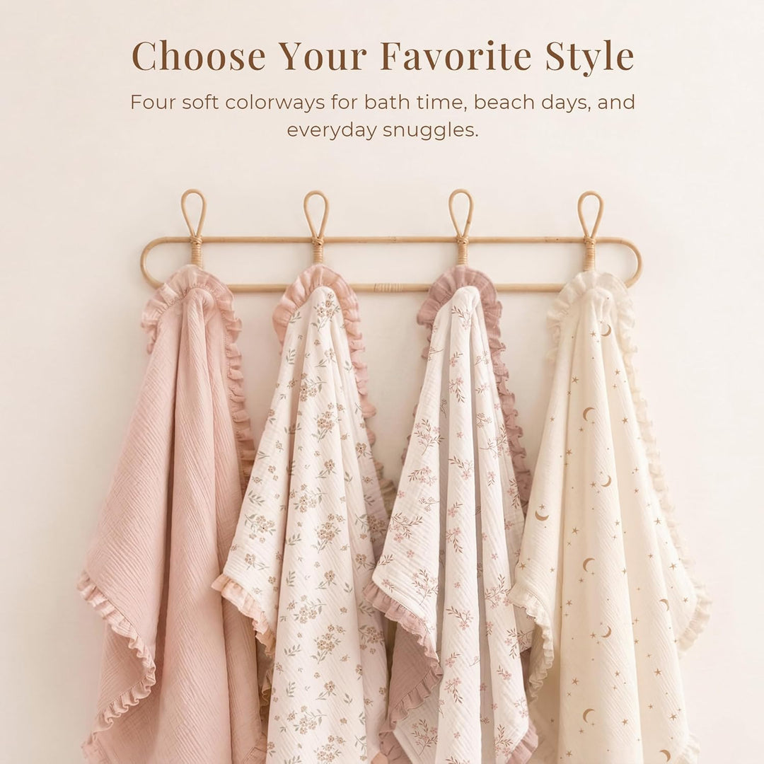 Konssy 100% Muslin Cotton Baby Hooded Towel, Soft Absorbent Bath Towel for Newborns, Infants and Toddlers, Baby Gift and Newborn Essentials with Lace Ruffle Hood - Moon - B0GY7JNZXT image 7