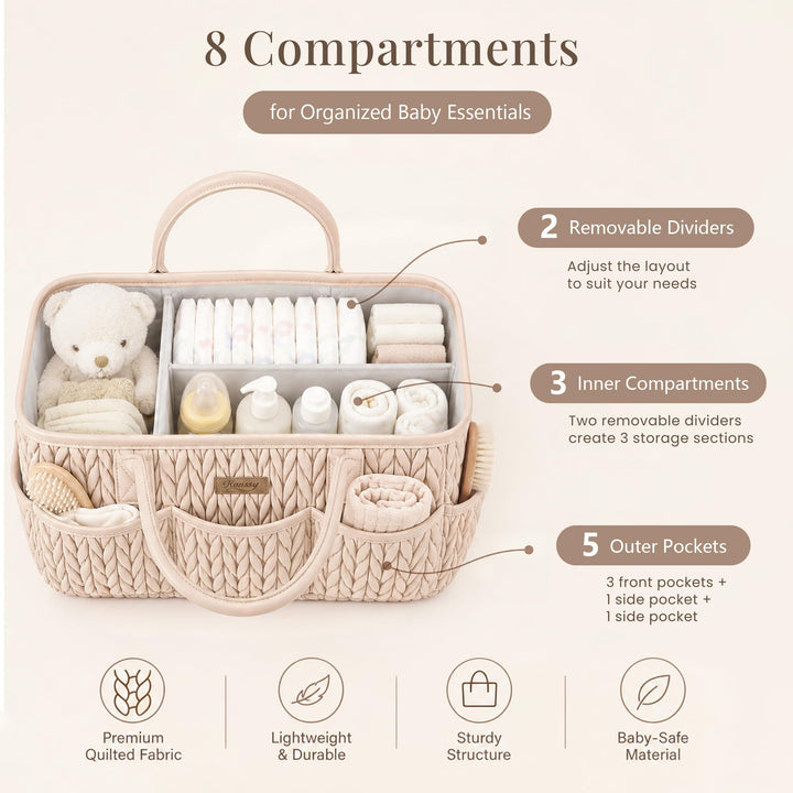 Konssy Baby Diaper Caddy Organizer, Braided Quilted Design with PU Handles - Braided Beige - image 4