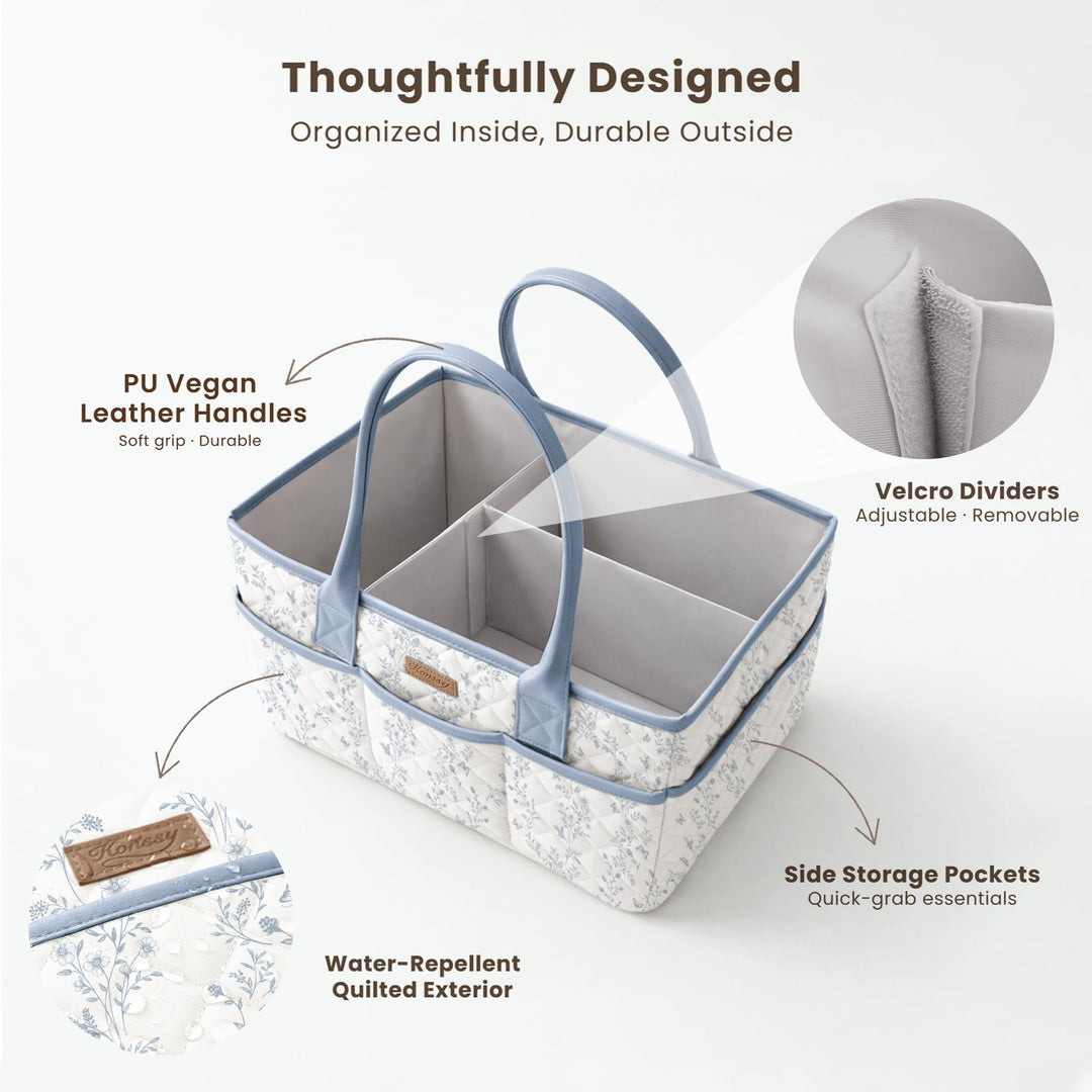 Konssy Baby Diaper Caddy Organizer, Floral Design with PU Leather Handles - Blue Garden - image 3