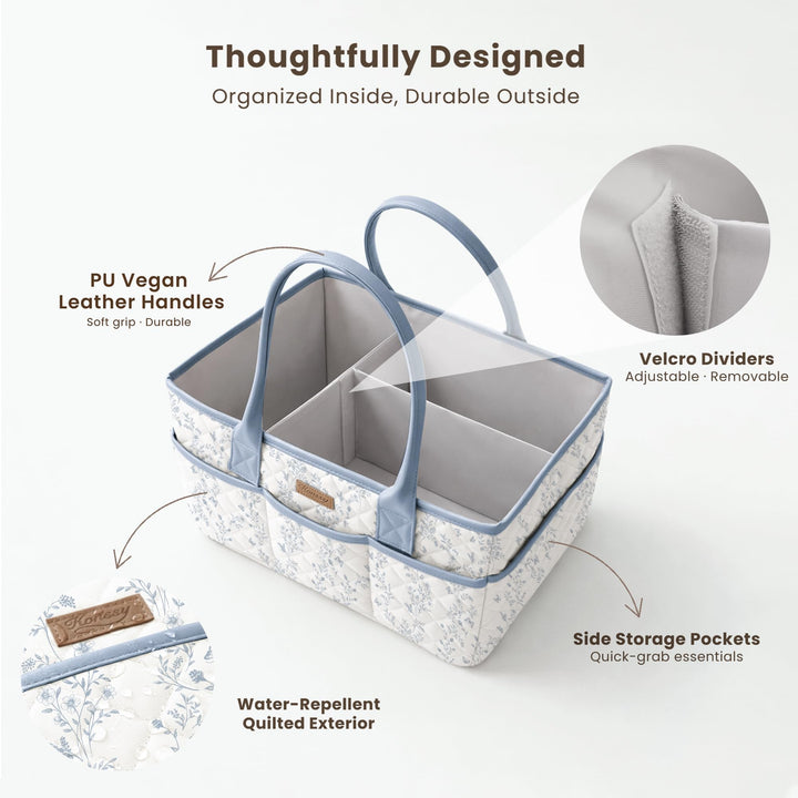 Konssy Baby Diaper Caddy Organizer, Floral Design with PU Leather Handles - Blue Garden - image 3