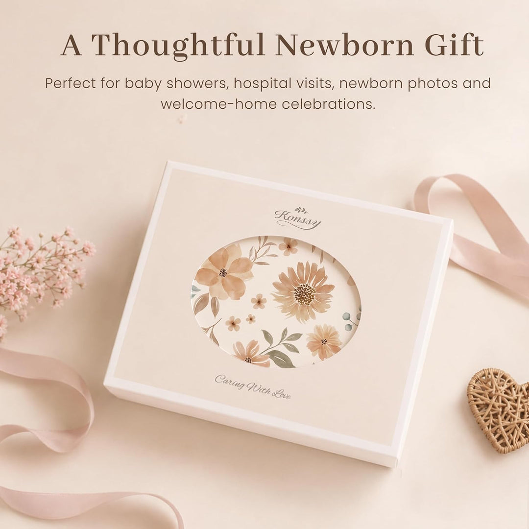 Konssy Baby Swaddle Blanket Set for Girl, 4-Piece Newborn Receiving Blanket/Soft & Stretchy, Matching Bow Hat, Headband and Wooden Sign, Floral & Solid, Newborn Photos and Birth Announcements