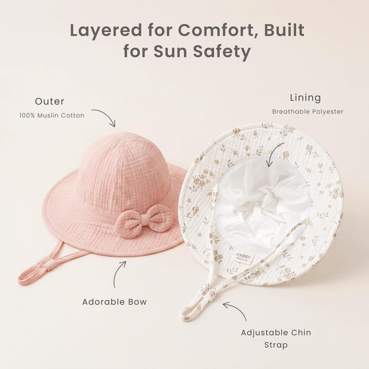 Konssy 2-Pack Muslin Baby Sun Hats for Girls with Bows, UPF 50+ - Blossom Pink - image 6