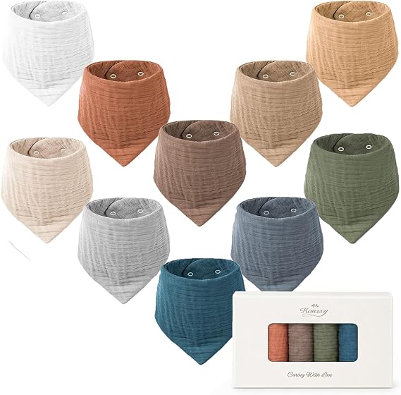 Konssy 10 Pack Baby Muslin Bandana Bibs for Drooling and Teething 100% Cotton, 6-Layer Bibs, Pre-Washed Soft & Absorbent, Adjustable Neck Fit, Boys & Girls 0-36M