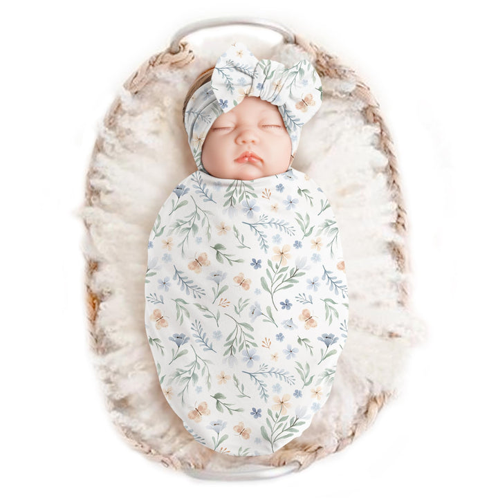 Konssy Baby Blanket & Headband Set, 32 x 32 Inch Swaddle Receiving Blanket - Blue Grass - image 1
