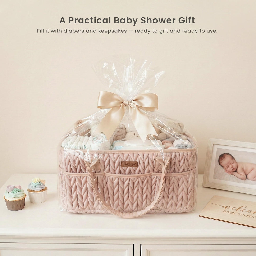 Konssy Baby Diaper Caddy Organizer, Braided Quilted Design with PU Handles - Braided Blush - image 7