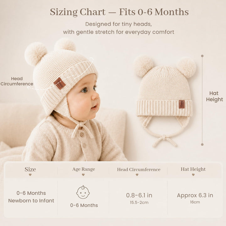 Konssy 2 Pack Baby Beanie Hat with Ear Flaps, Newborn Winter Hat 0-6 Months - Brown, Light Apricot - image 5