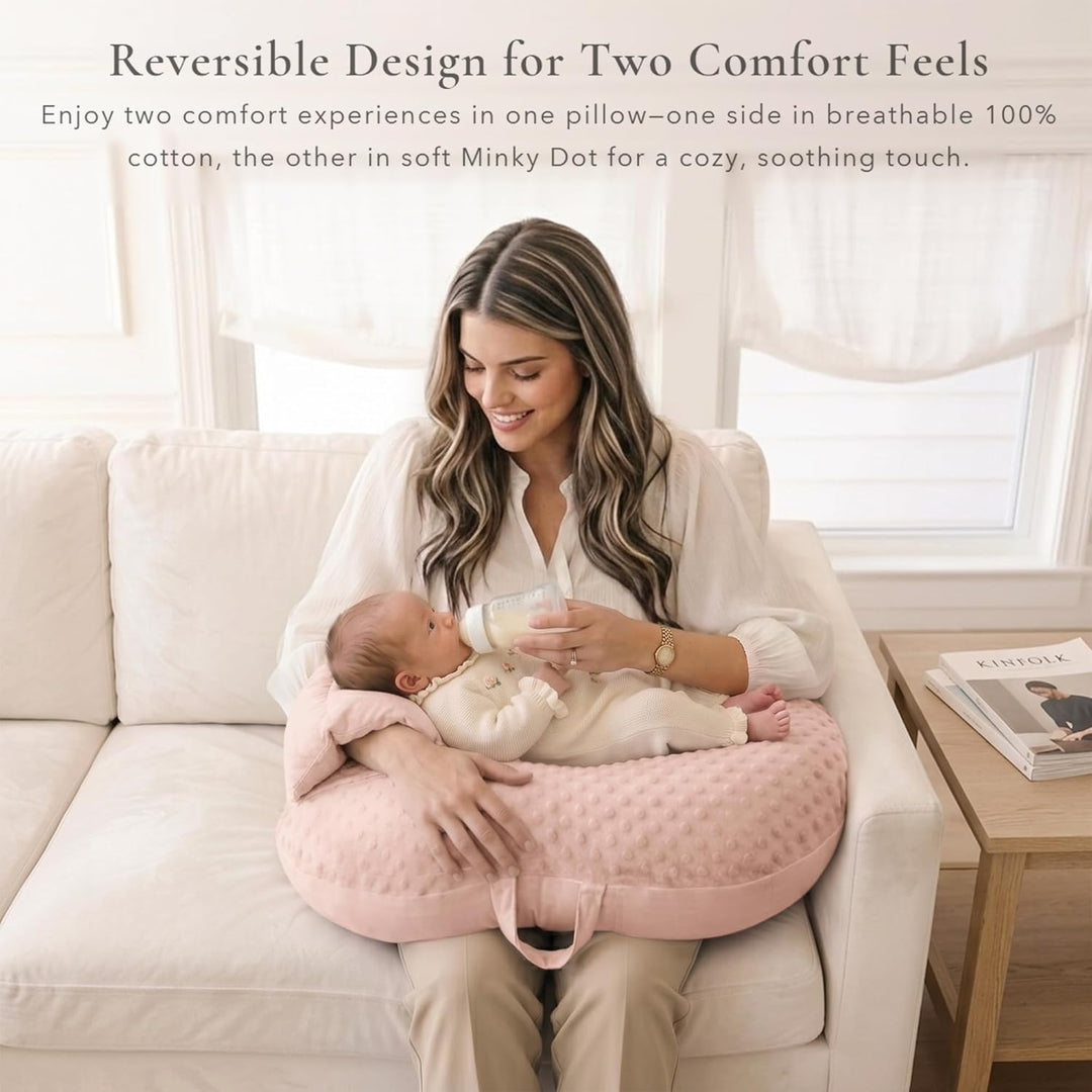 Konssy Nursing Pillow for Breastfeeding and Bottle Feeding, Safety Guard Baby Feeding Pillow, Gentle Incline, Waist Strap, Side Pocket for New Moms Home and Travel