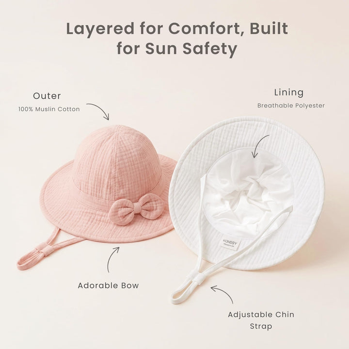 Konssy 2-Pack Muslin Baby Sun Hats for Girls with Bows, UPF 50+ - White Pink - image 5
