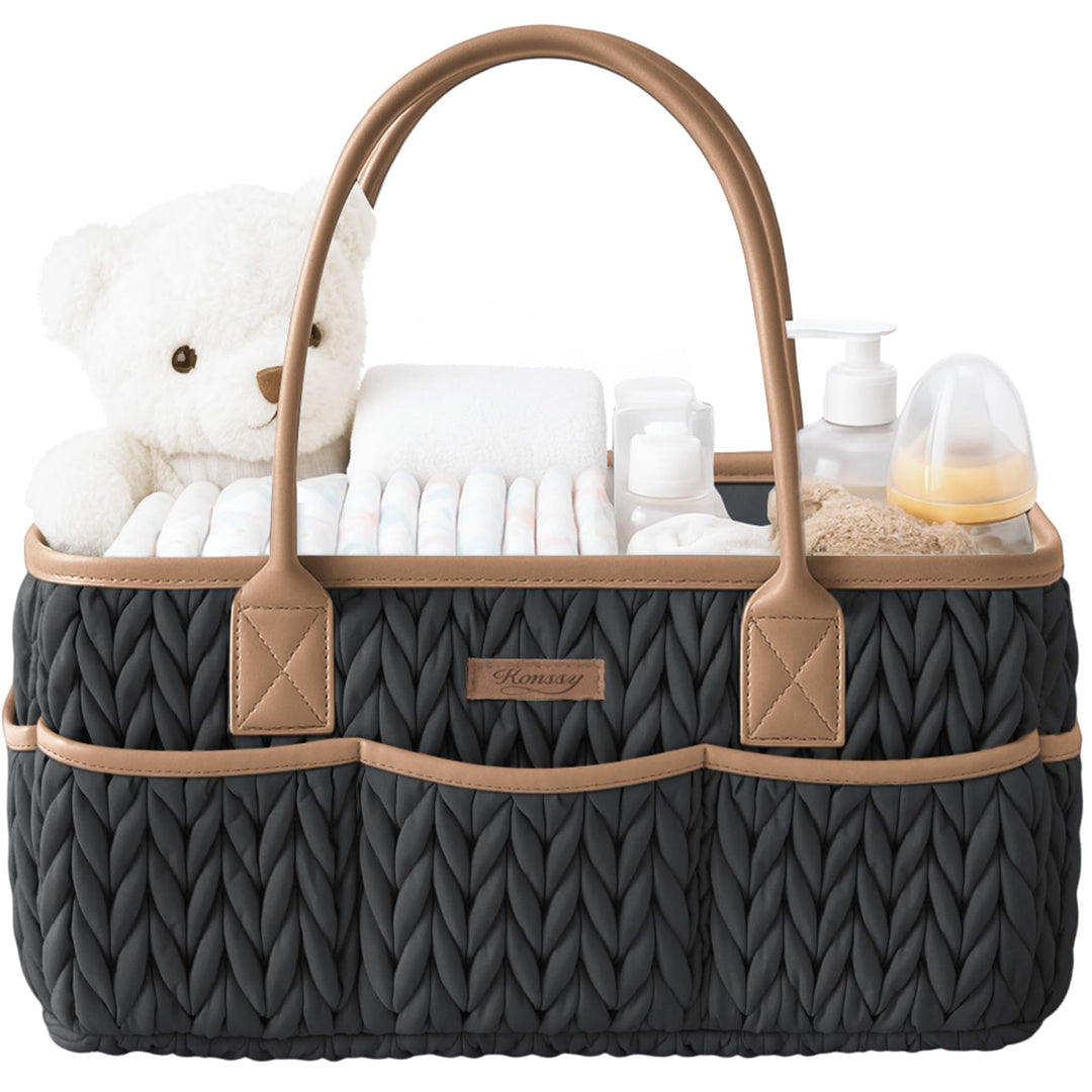 Konssy Baby Diaper Caddy Organizer, Braided Quilted Design with PU Handles - Braided Black - image 1