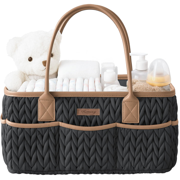 Konssy Baby Diaper Caddy Organizer, Braided Quilted Design with PU Handles - Braided Black - image 1