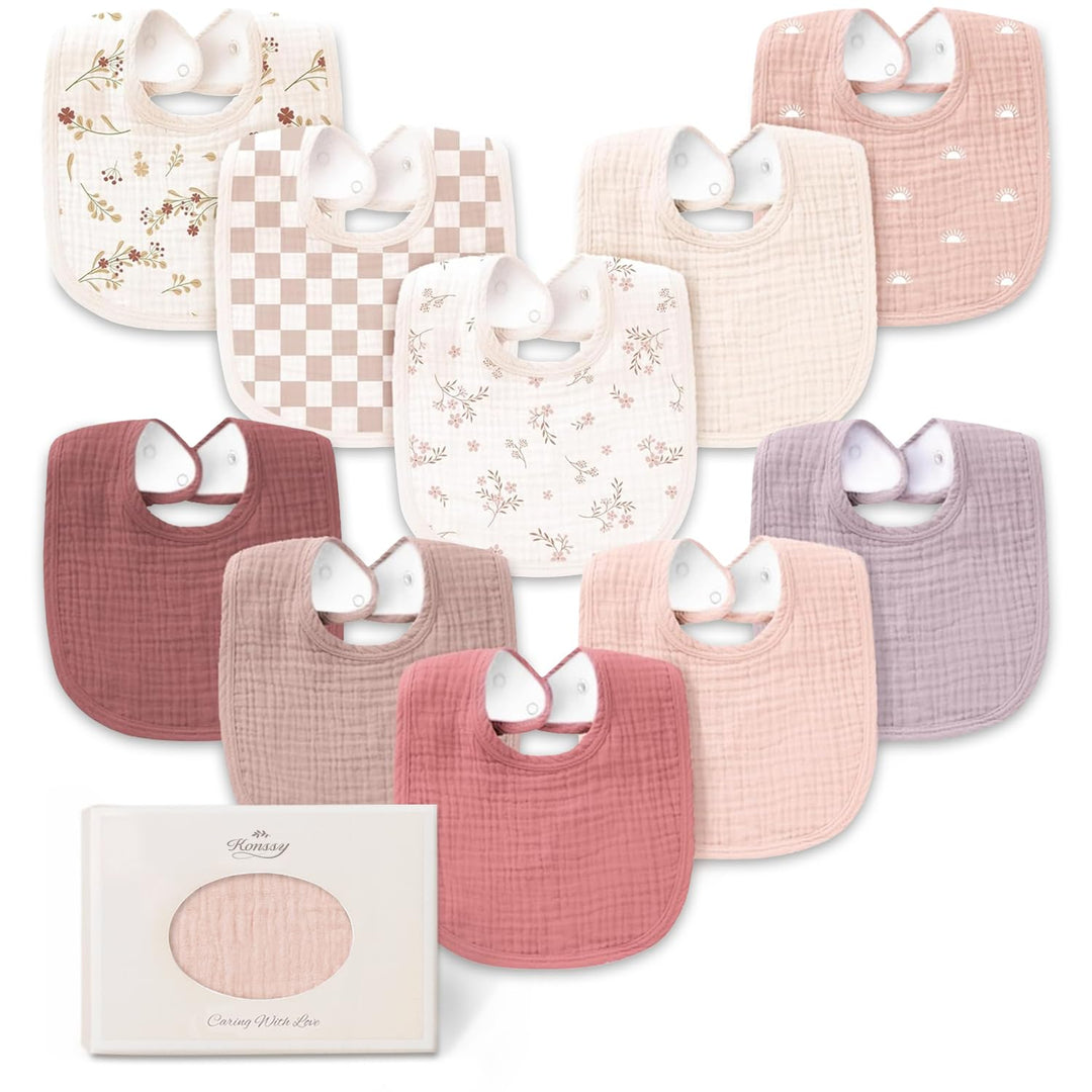 Konssy 10-Pack Muslin Baby Bibs for Drooling and Teething - Rose Mauve - image 1