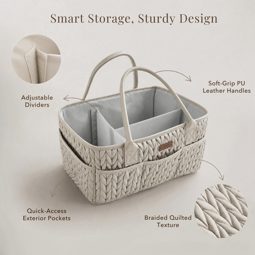 Konssy Baby Diaper Caddy Organizer, Braided Quilted Design with PU Handles - Braided Gray - image 3