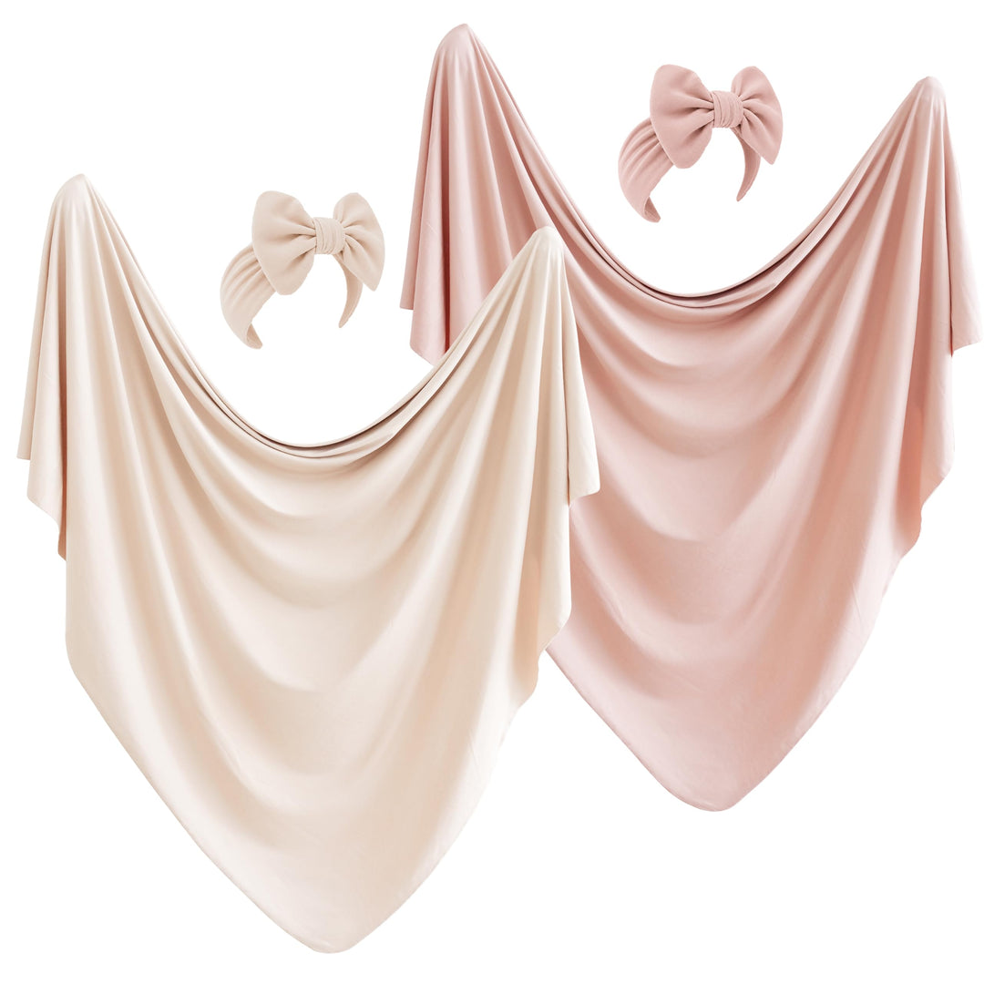 Konssy 2-Pack Stretchy Swaddle Blankets, Baby Receiving Blankets, 41"x41" - Fog Pink, Apricot - image 1
