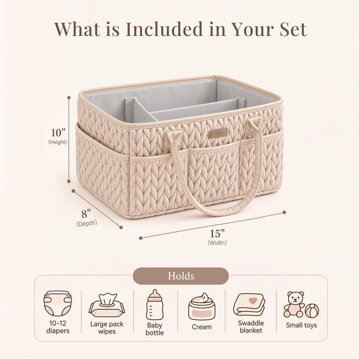 Konssy Baby Diaper Caddy Organizer, Braided Quilted Design with PU Handles - Braided Beige - image 2