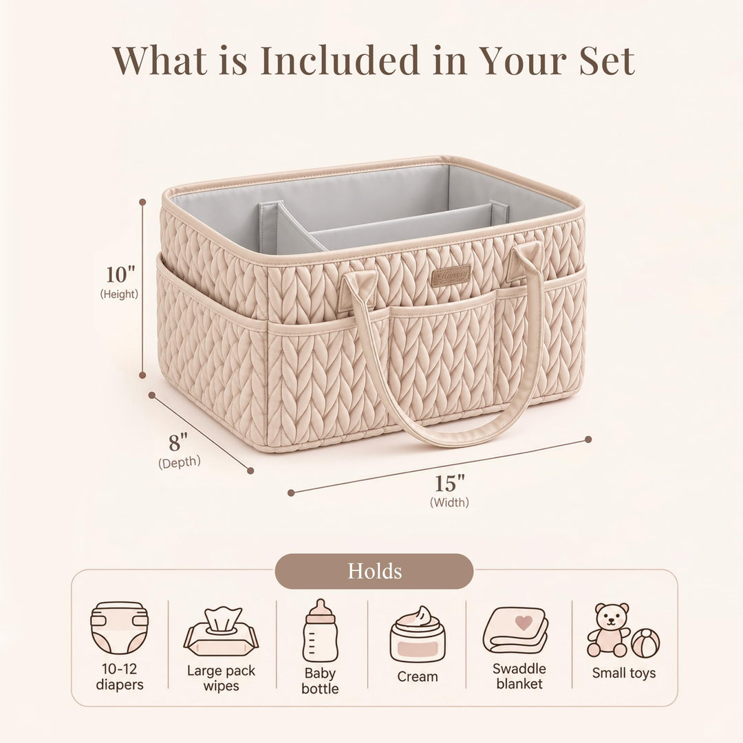 Konssy Baby Diaper Caddy Organizer, Braided Quilted Design with PU Handles - Braided Beige - image 2
