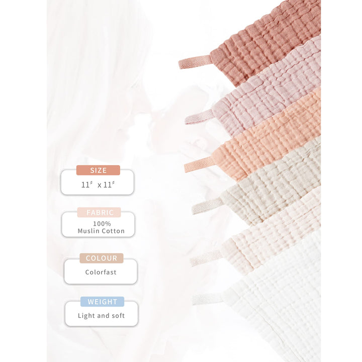 Konssy 6 Pack Muslin Baby Washcloths, 100% Cotton Wash Cloth Set - Earthy Color - image 2