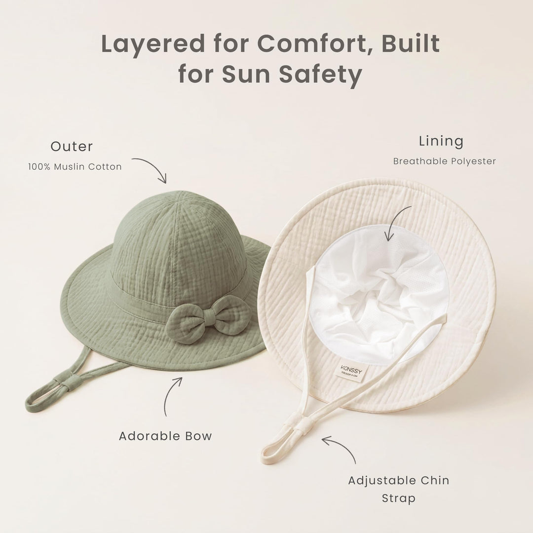 Konssy 2-Pack Muslin Baby Sun Hats for Girls with Bows, UPF 50+ - Cream Fog Green - image 6