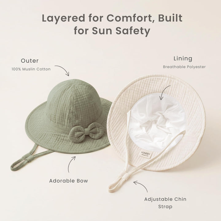 Konssy 2-Pack Muslin Baby Sun Hats for Girls with Bows, UPF 50+ - Cream Fog Green - image 6