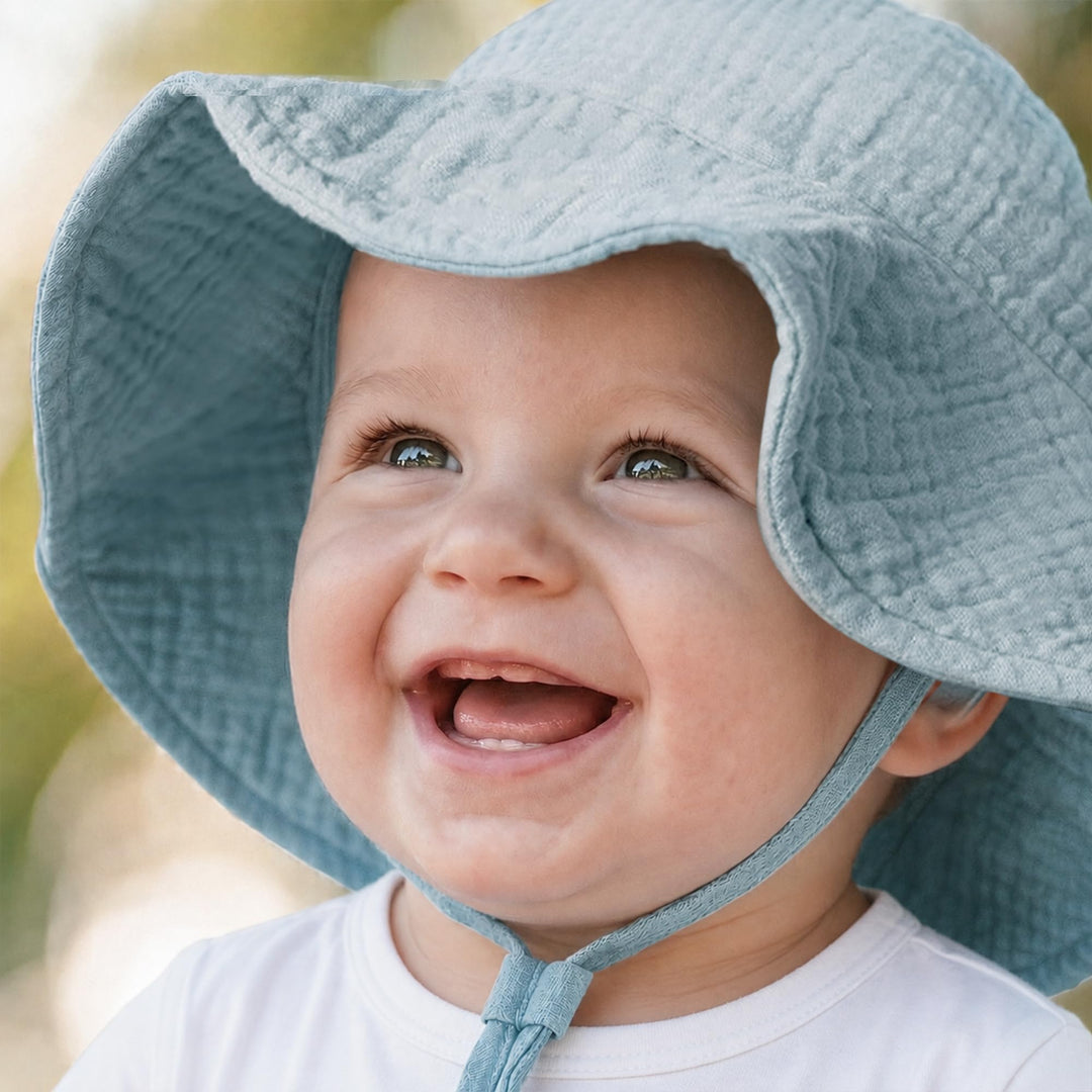 Konssy 2-Pack Muslin Baby Girl Sun Hats with Wide Brim, UPF 50+, 0-6& 6-12M - Blue-white - image 4