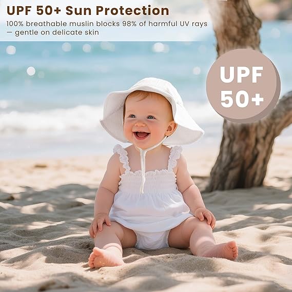 Konssy Muslin Baby Sun Hat 2-Pack, UPF 50+ Sun Protection Wide Brim Summer Beach Hat, Bucket Hat for Girls and Boys