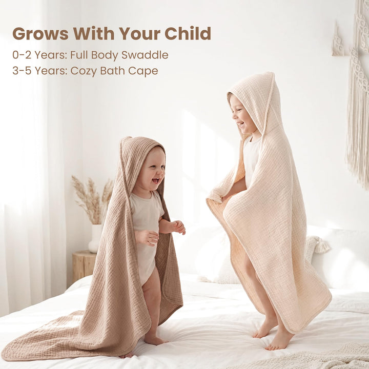 Konssy 2-Pack 100% Muslin Cotton Hooded Baby Bath Towels for Boys and Girls - Cream, Camel - image 3