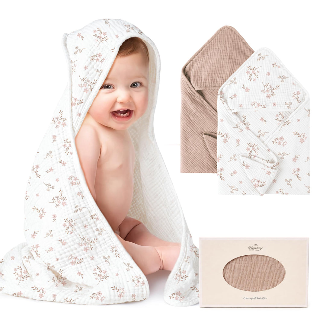 Konssy 2-Pack 100% Muslin Cotton Hooded Baby Bath Towels for Boys and Girls - Taupe,Soft Blooms - image 1