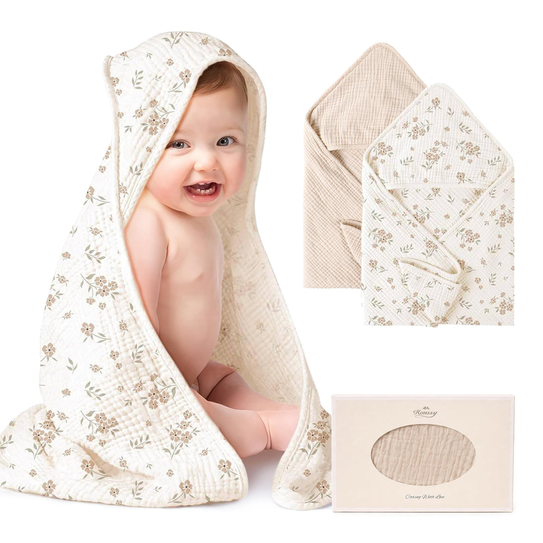Konssy 2-Pack 100% Muslin Cotton Hooded Baby Bath Towels for Boys and Girls - Cream, Blossom - image 1
