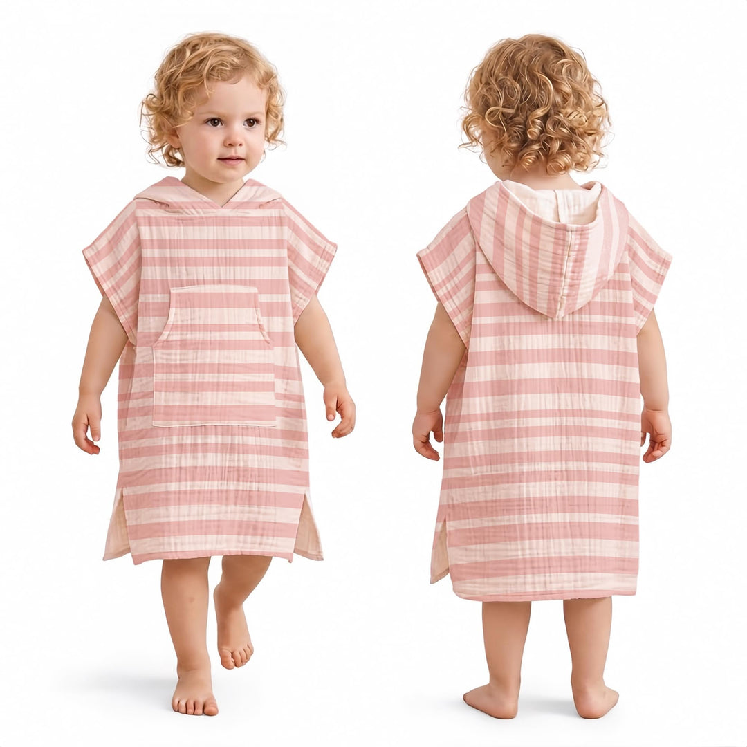 Konssy 100% Muslin Cotton Toddler Beach Towel Poncho with Hood, 24.5" x 21" - Pink - image 1