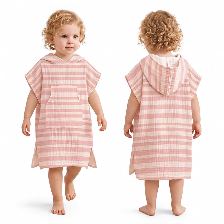 Konssy 100% Muslin Cotton Toddler Beach Towel Poncho with Hood, 24.5" x 21" - Pink - image 1