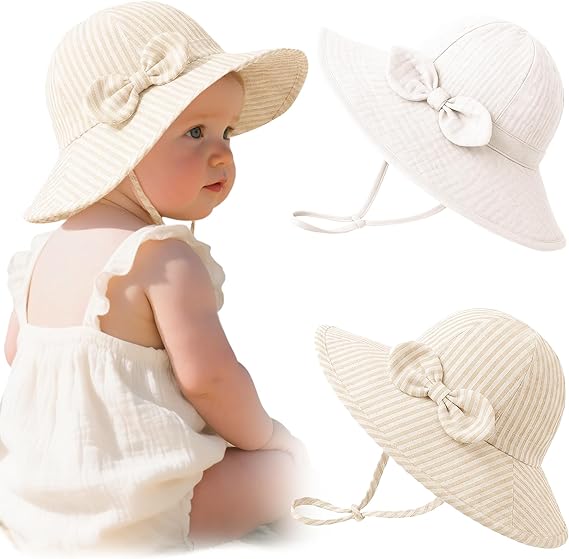 Konssy Muslin Baby Sun Hat 2-Pack, UPF 50+ Sun Protection Wide Brim Summer Beach Hat, Bucket Hat for Girls and Boys